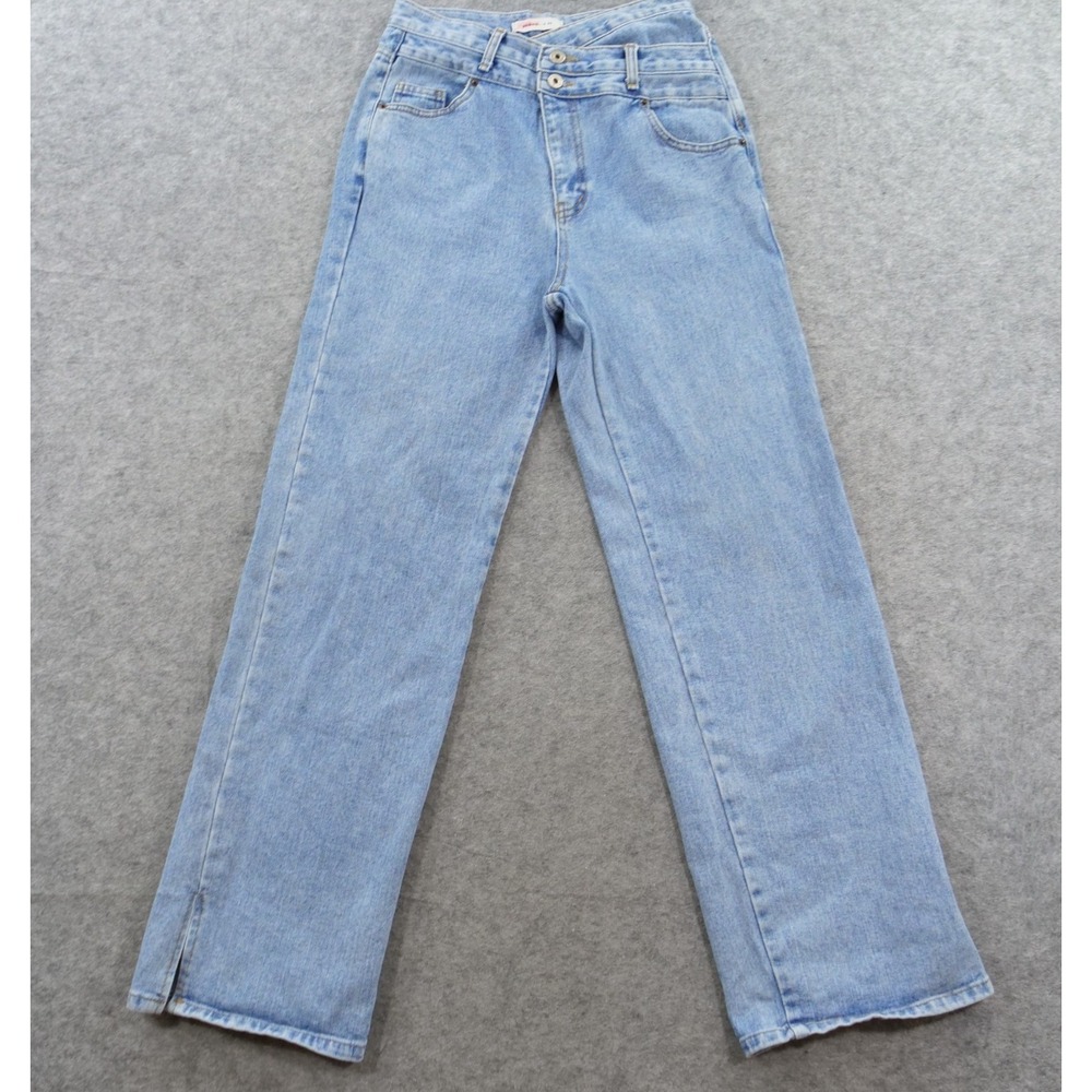 Magnolia 36 Jeans Womens Large Wash Blue Asymmetric Cross Over Hem Slit High RIs